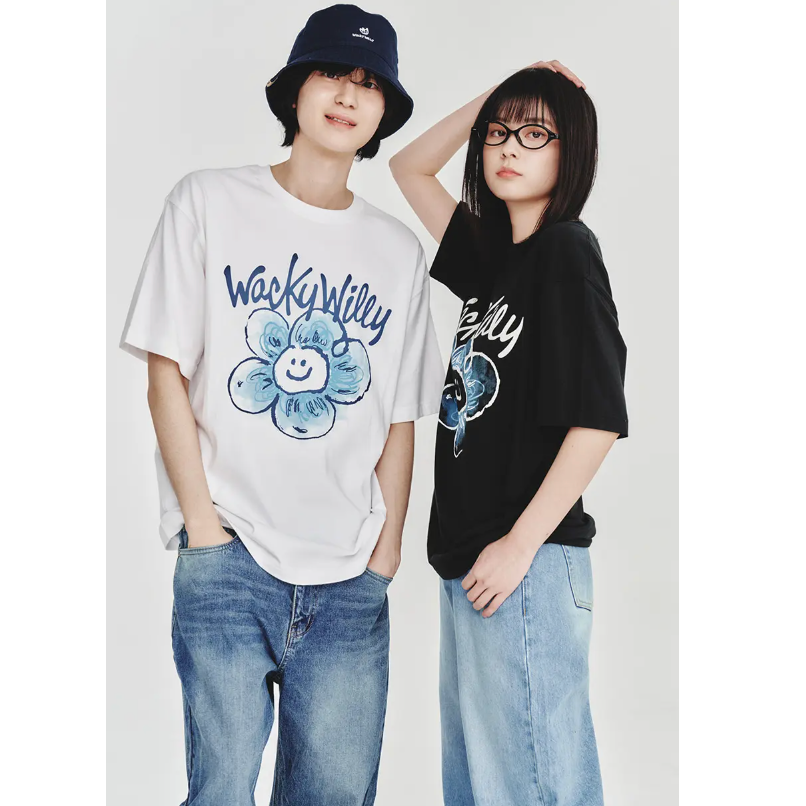【可愛塗鴉風潮牌】男女款 Wacky Willy 藍白花花款T裇