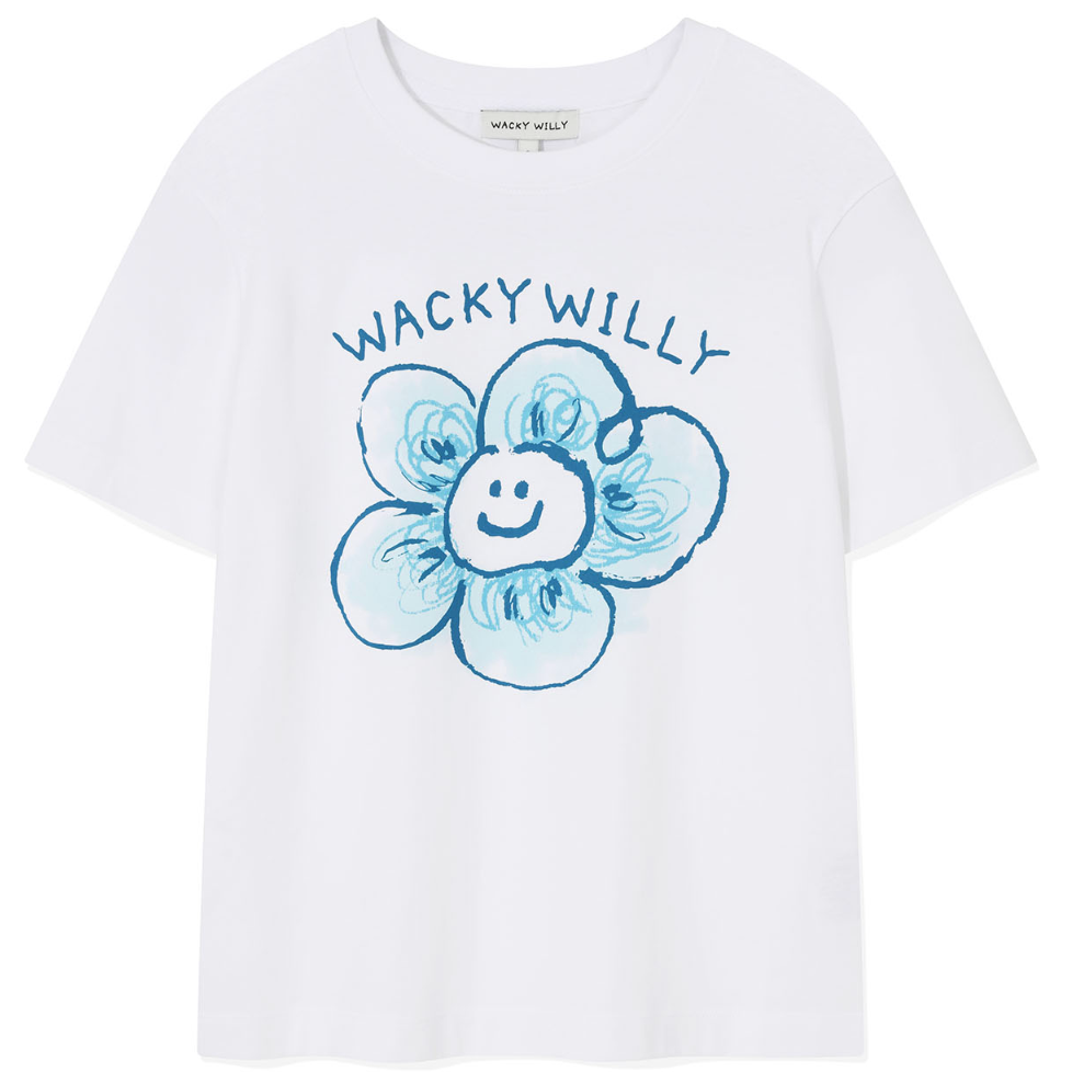 【可愛塗鴉風潮牌】女款 Wacky Willy 塗鴉藍色花花款T裇